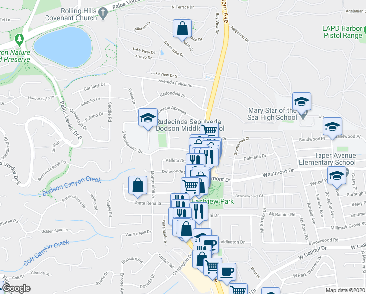 map of restaurants, bars, coffee shops, grocery stores, and more near 1819 Avenue Estudiante in Rancho Palos Verdes