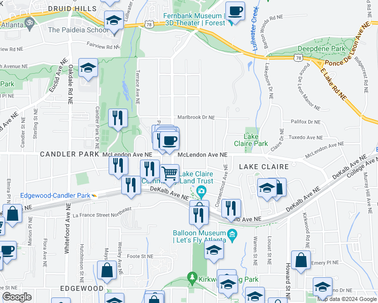 map of restaurants, bars, coffee shops, grocery stores, and more near 1706 McLendon Avenue Northeast in Atlanta