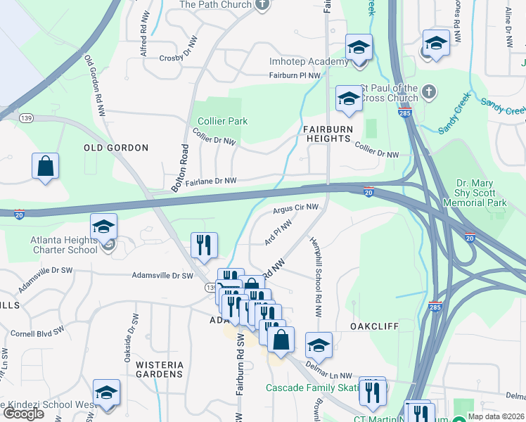map of restaurants, bars, coffee shops, grocery stores, and more near 352 Argus Circle Northwest in Atlanta
