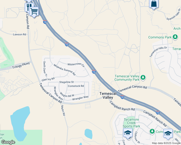 map of restaurants, bars, coffee shops, grocery stores, and more near 10462 Whitecrown Circle in Corona