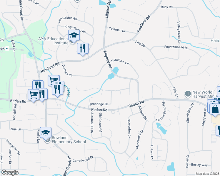 map of restaurants, bars, coffee shops, grocery stores, and more near 4376 Lake Breeze Drive in Stone Mountain