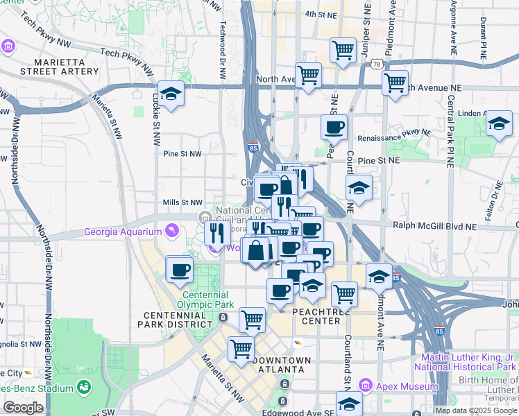 map of restaurants, bars, coffee shops, grocery stores, and more near 50 Ivan Allen Junior Boulevard Northwest in Atlanta