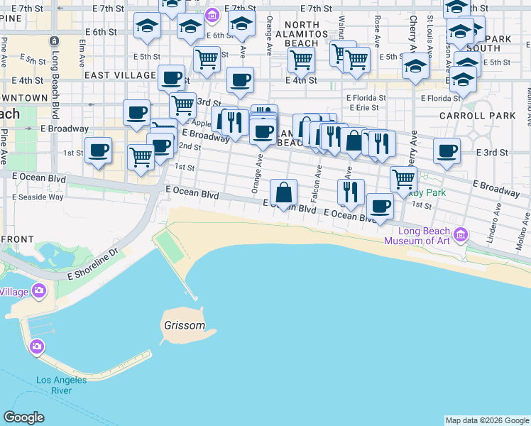 map of restaurants, bars, coffee shops, grocery stores, and more near 1230 East Ocean Boulevard in Long Beach