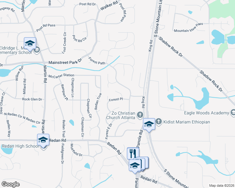 map of restaurants, bars, coffee shops, grocery stores, and more near 1000 Fox Valley Trail in Stone Mountain