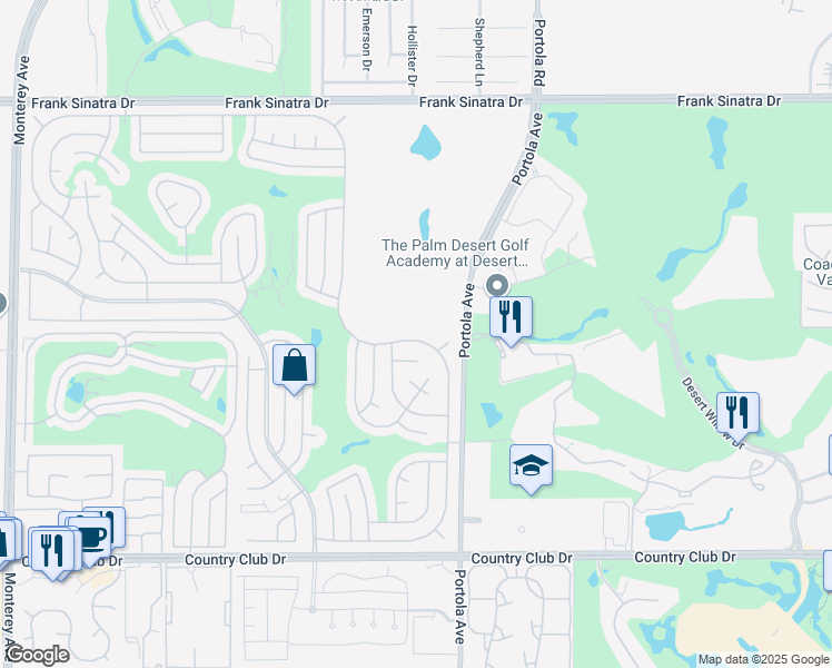 map of restaurants, bars, coffee shops, grocery stores, and more near 39078 Desert Greens Drive East in Palm Desert