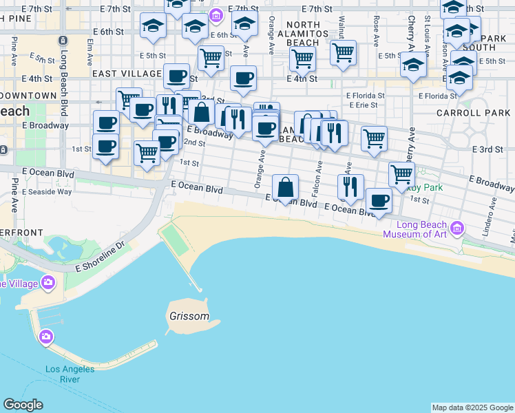 map of restaurants, bars, coffee shops, grocery stores, and more near 1200 East Ocean Boulevard in Long Beach