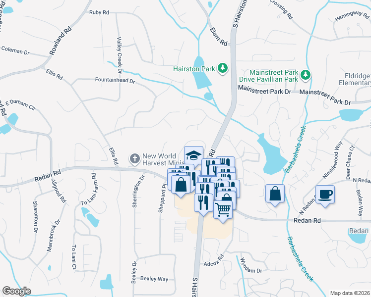 map of restaurants, bars, coffee shops, grocery stores, and more near 876 Ashton Oak Circle in Stone Mountain