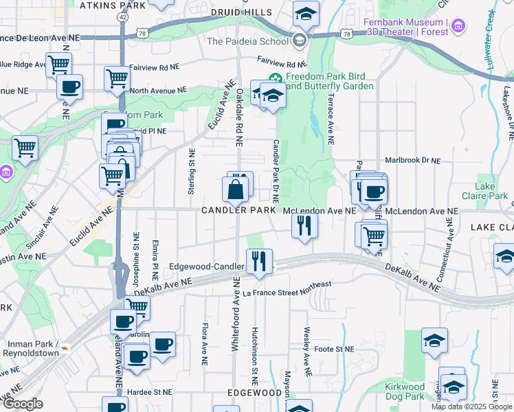 map of restaurants, bars, coffee shops, grocery stores, and more near 1436 McLendon Avenue Northeast in Atlanta