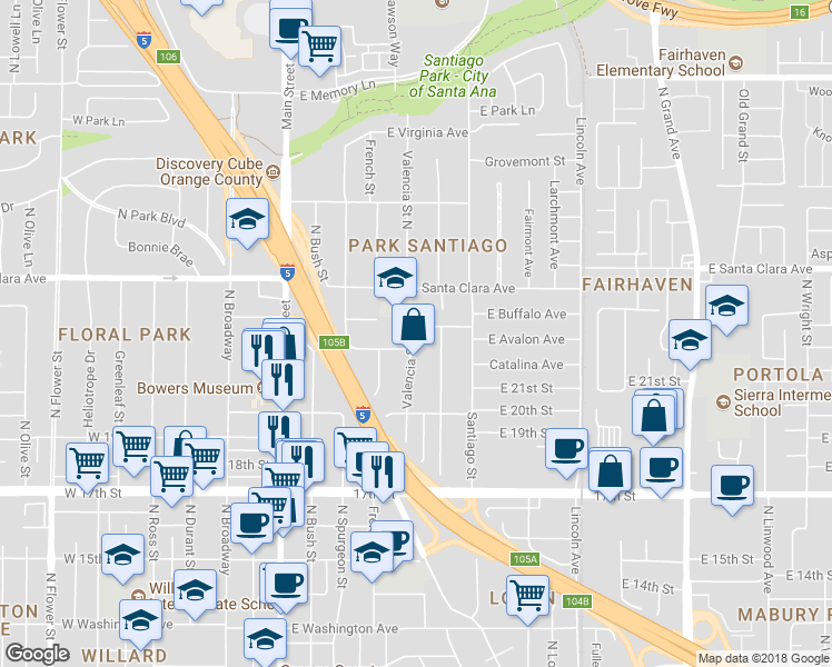 map of restaurants, bars, coffee shops, grocery stores, and more near 502 East Buffalo Avenue in Santa Ana