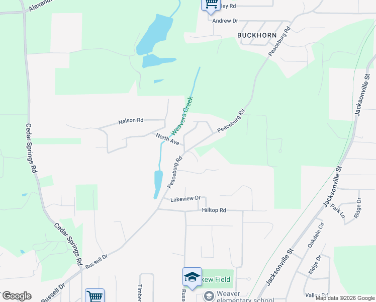 map of restaurants, bars, coffee shops, grocery stores, and more near 1529 Peaceburg Road in Weaver