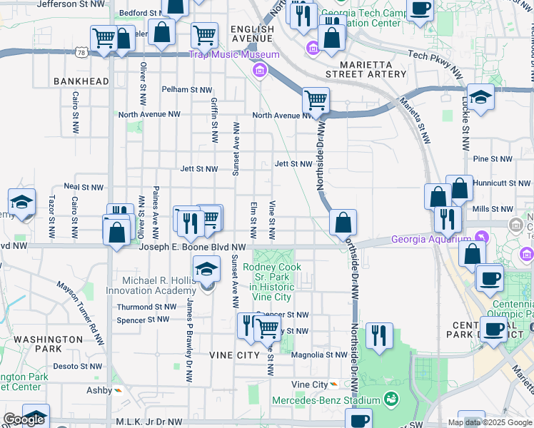 map of restaurants, bars, coffee shops, grocery stores, and more near 384 Vine Street Northwest in Atlanta