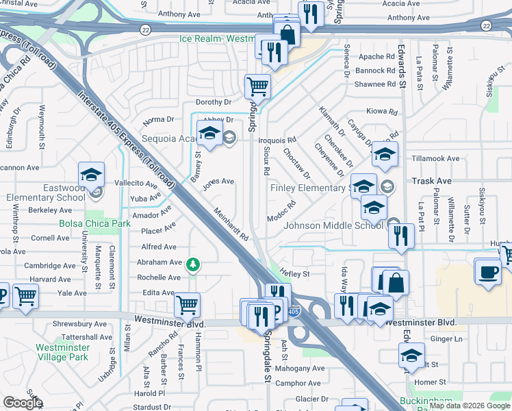 map of restaurants, bars, coffee shops, grocery stores, and more near 13581 Springdale Street in Westminster