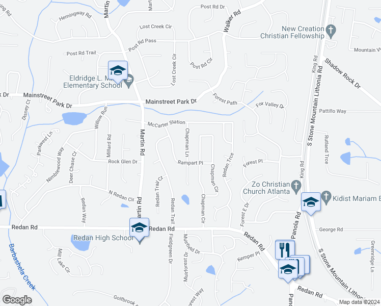 map of restaurants, bars, coffee shops, grocery stores, and more near 1001 Chapman Lane in Stone Mountain