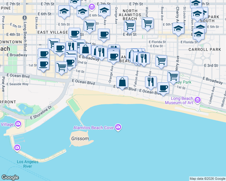map of restaurants, bars, coffee shops, grocery stores, and more near 24 South 6th Place in Long Beach