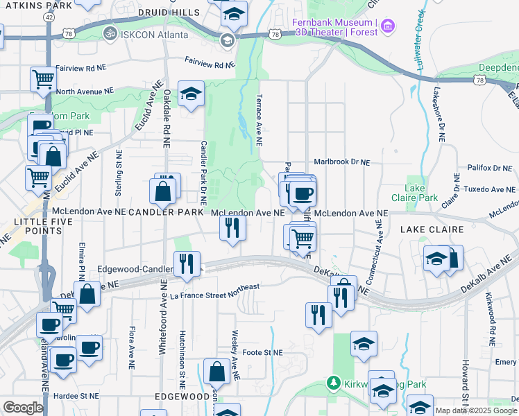 map of restaurants, bars, coffee shops, grocery stores, and more near 395 Callan Circle Northeast in Atlanta