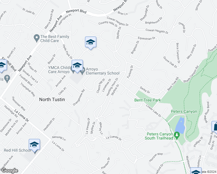 map of restaurants, bars, coffee shops, grocery stores, and more near 11081 Hunting Horn Drive in North Tustin
