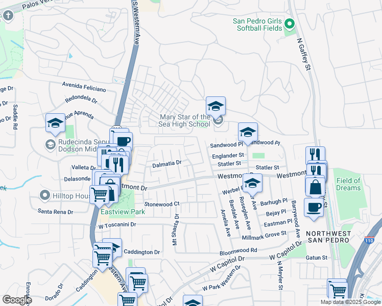 map of restaurants, bars, coffee shops, grocery stores, and more near 2024 Mount Shasta Drive in Los Angeles