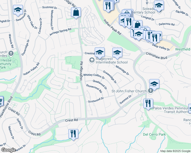 map of restaurants, bars, coffee shops, grocery stores, and more near 29273 Whitley Collins Drive in Rolling Hills Estates