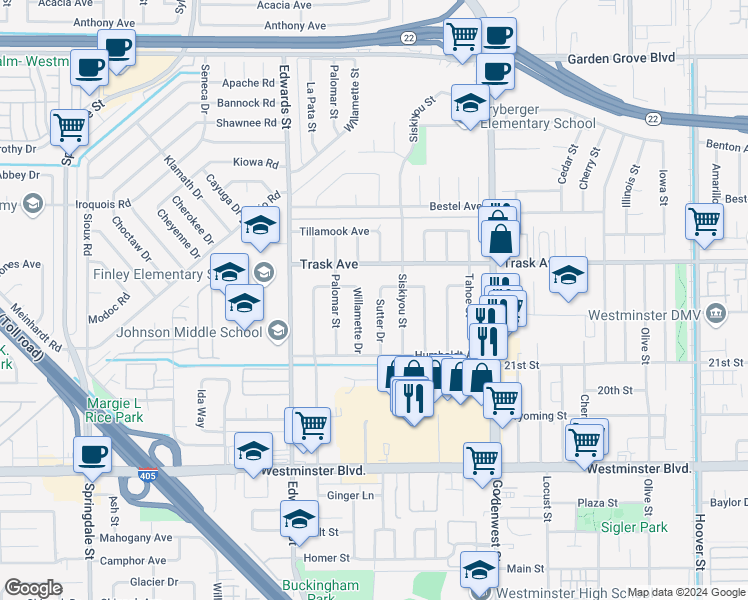 map of restaurants, bars, coffee shops, grocery stores, and more near 13571 Sutter Drive in Westminster