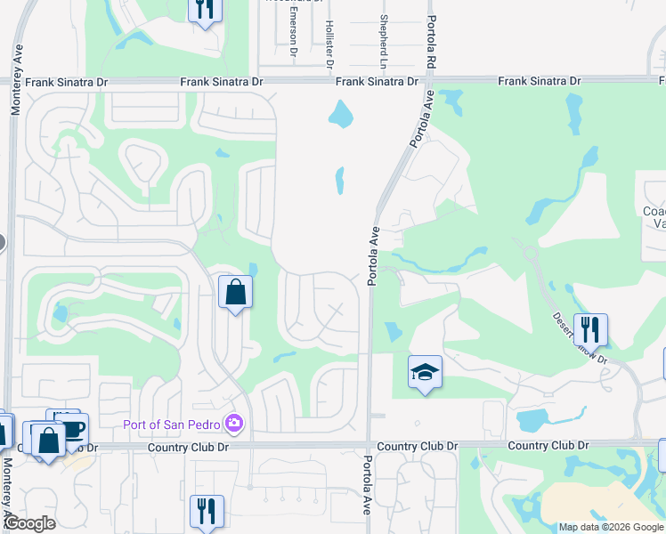 map of restaurants, bars, coffee shops, grocery stores, and more near 39078 Desert Greens Drive East in Palm Desert