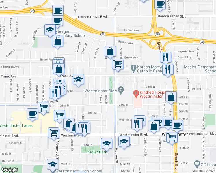 map of restaurants, bars, coffee shops, grocery stores, and more near 13582 Iowa Street in Westminster
