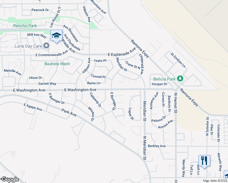 map of restaurants, bars, coffee shops, grocery stores, and more near 1612 East Washington Avenue in San Jacinto
