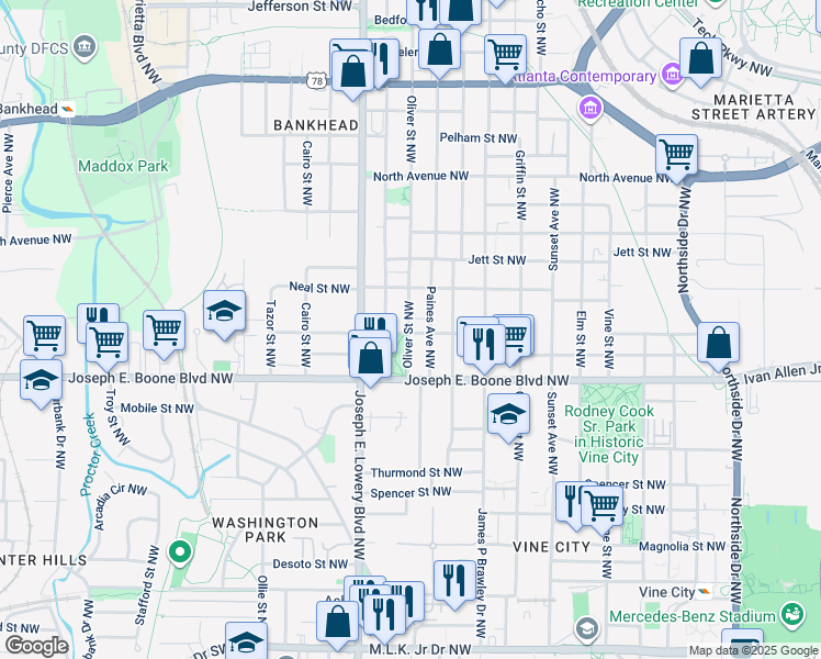 map of restaurants, bars, coffee shops, grocery stores, and more near 857 Proctor Street Northwest in Atlanta