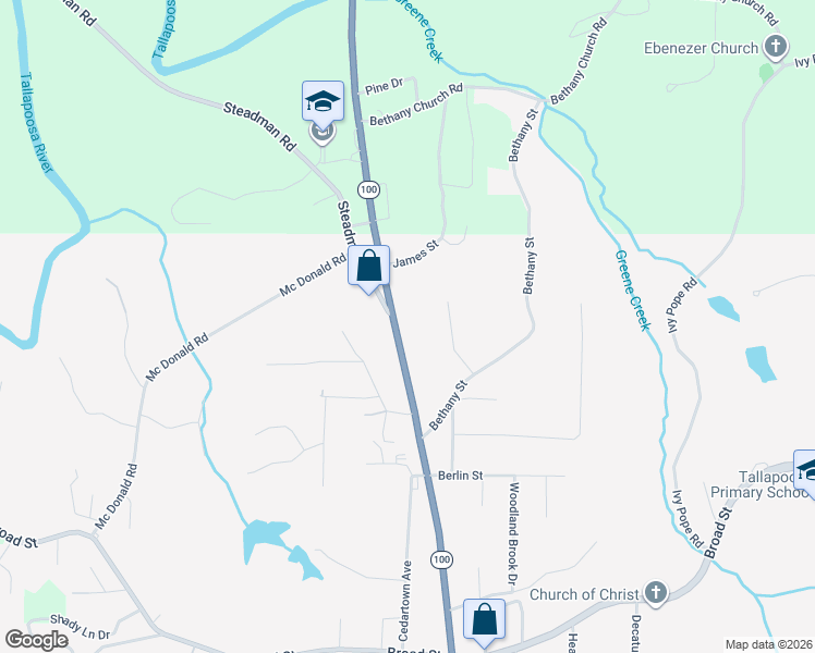 map of restaurants, bars, coffee shops, grocery stores, and more near 895 Bowdon Street in Tallapoosa