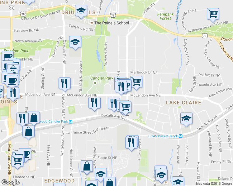 map of restaurants, bars, coffee shops, grocery stores, and more near 1620 McLendon Avenue Northeast in Atlanta
