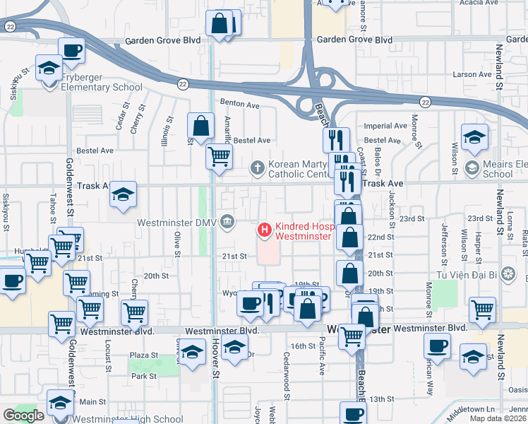 map of restaurants, bars, coffee shops, grocery stores, and more near 13601 Arizona Street in Westminster