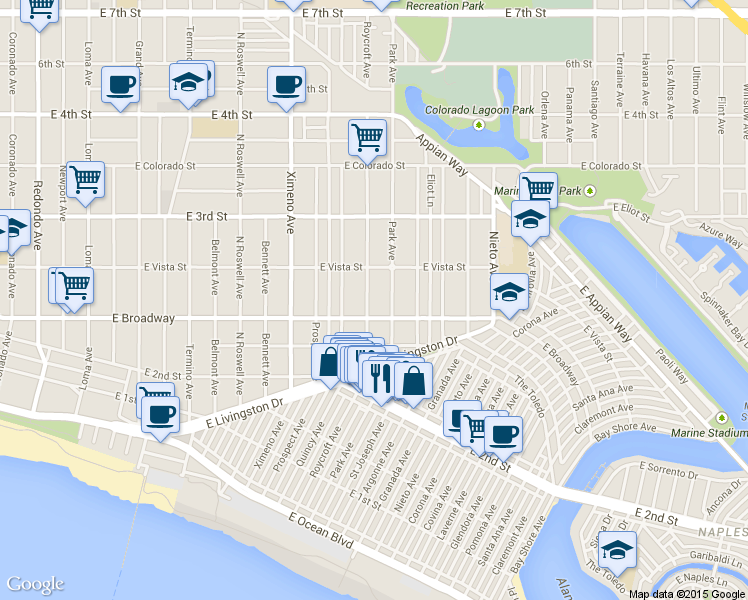 map of restaurants, bars, coffee shops, grocery stores, and more near 231 Roycroft Avenue in Long Beach