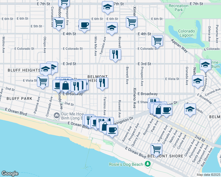 map of restaurants, bars, coffee shops, grocery stores, and more near 234 Belmont Avenue in Long Beach