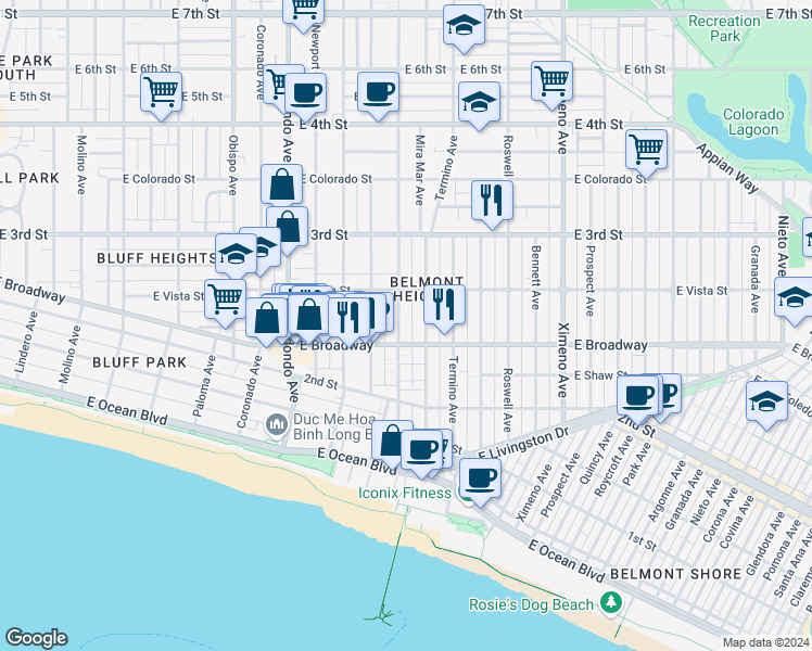 map of restaurants, bars, coffee shops, grocery stores, and more near 235 Mira Mar Avenue in Long Beach