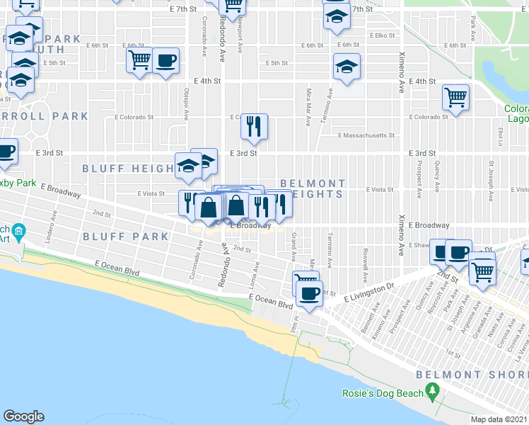 map of restaurants, bars, coffee shops, grocery stores, and more near 231 Loma Avenue in Long Beach
