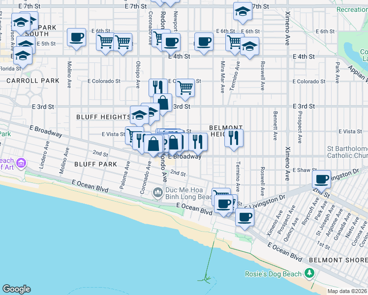 map of restaurants, bars, coffee shops, grocery stores, and more near 231 Loma Avenue in Long Beach