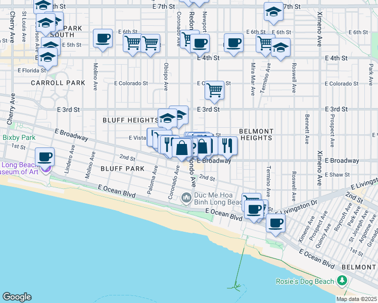 map of restaurants, bars, coffee shops, grocery stores, and more near in Long Beach