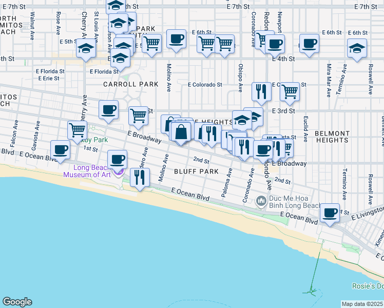 map of restaurants, bars, coffee shops, grocery stores, and more near 2833 2nd Street in Long Beach