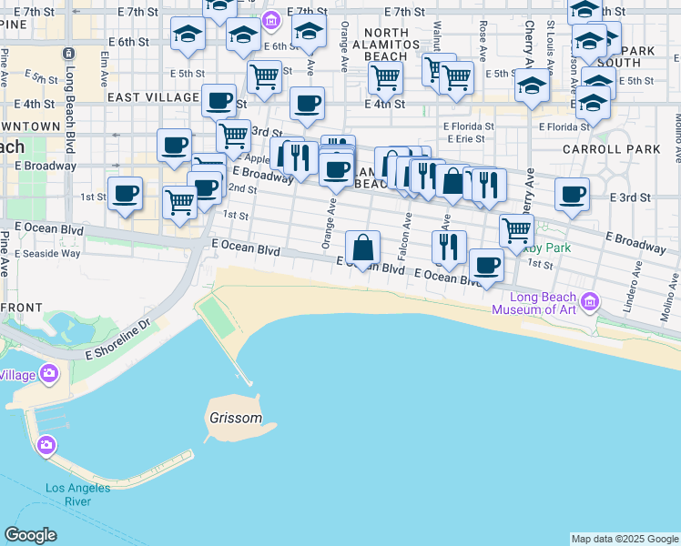 map of restaurants, bars, coffee shops, grocery stores, and more near 32 7th Place in Long Beach