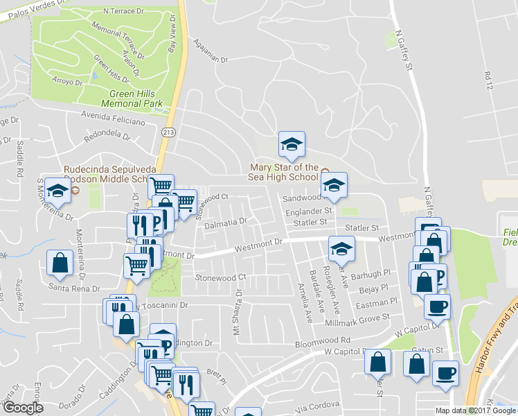 map of restaurants, bars, coffee shops, grocery stores, and more near 2094 Mount Shasta Drive in Los Angeles