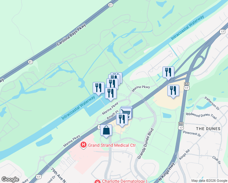 map of restaurants, bars, coffee shops, grocery stores, and more near 8121 Amalfi Place in Myrtle Beach