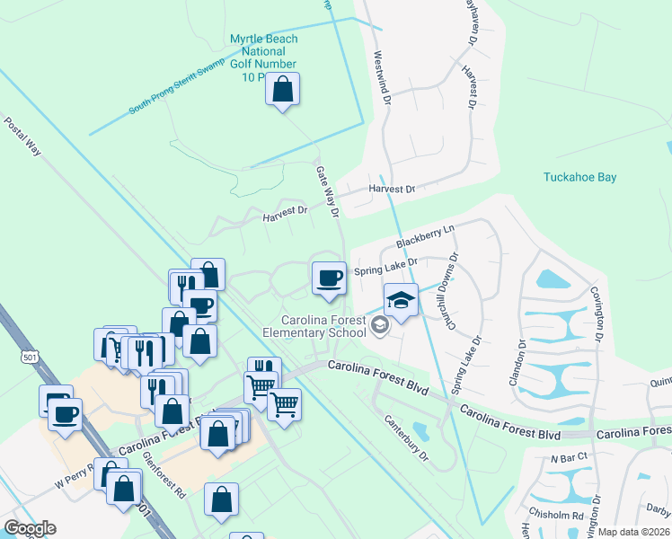 map of restaurants, bars, coffee shops, grocery stores, and more near 217 Wandering Way in Conway