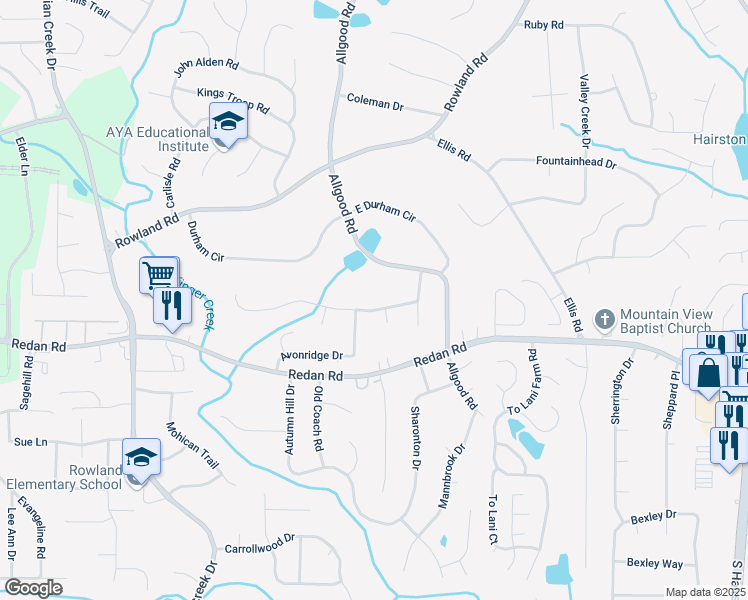 map of restaurants, bars, coffee shops, grocery stores, and more near 4420 Lake Breeze Drive in Stone Mountain