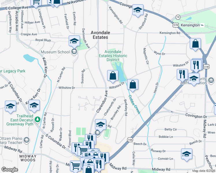 map of restaurants, bars, coffee shops, grocery stores, and more near 58 Wiltshire Drive in Avondale Estates