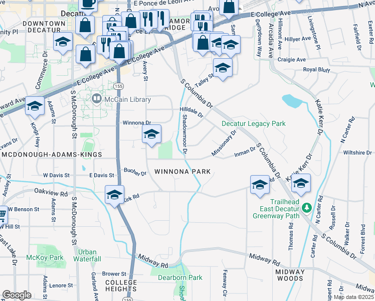 map of restaurants, bars, coffee shops, grocery stores, and more near 332 Shadowmoor Drive in Decatur