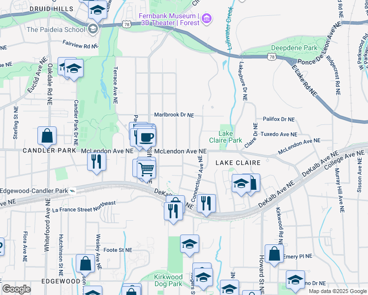 map of restaurants, bars, coffee shops, grocery stores, and more near 1758 McLendon Avenue Northeast in Atlanta