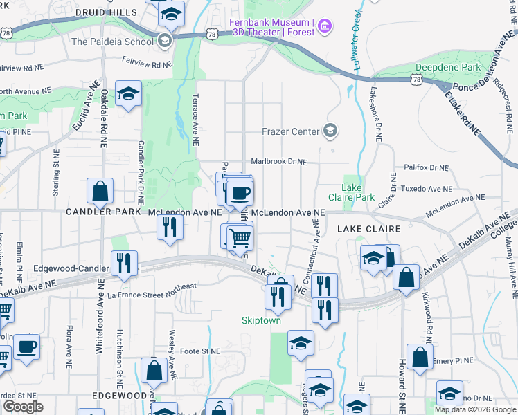 map of restaurants, bars, coffee shops, grocery stores, and more near 1712 McLendon Avenue Northeast in Atlanta