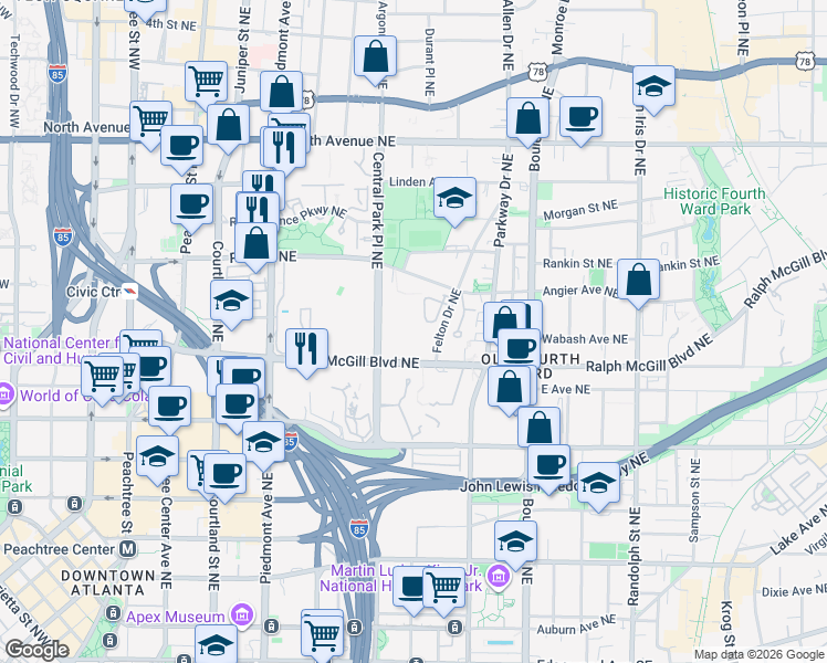 map of restaurants, bars, coffee shops, grocery stores, and more near 386 McGill Place Northeast in Atlanta