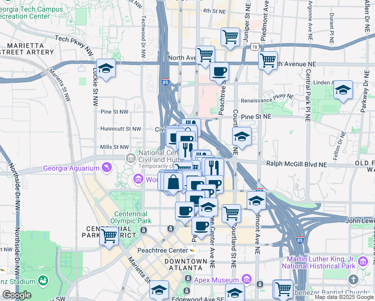map of restaurants, bars, coffee shops, grocery stores, and more near 45 Ivan Allen Junior Boulevard Northwest in Atlanta
