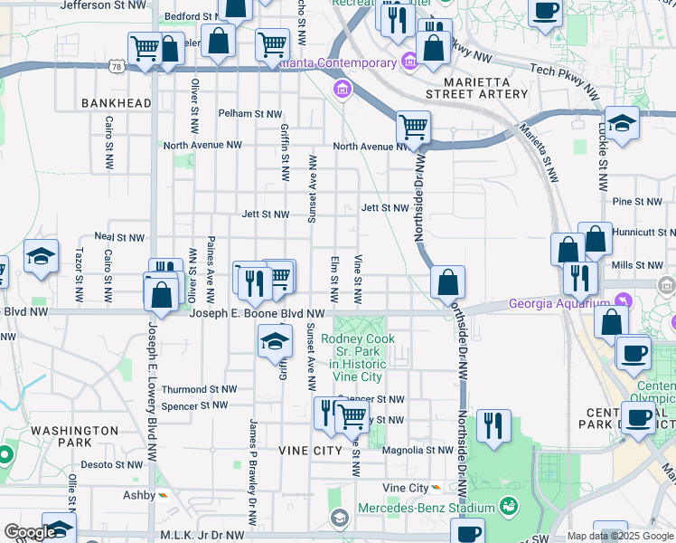 map of restaurants, bars, coffee shops, grocery stores, and more near 397 Elm Street Northwest in Atlanta
