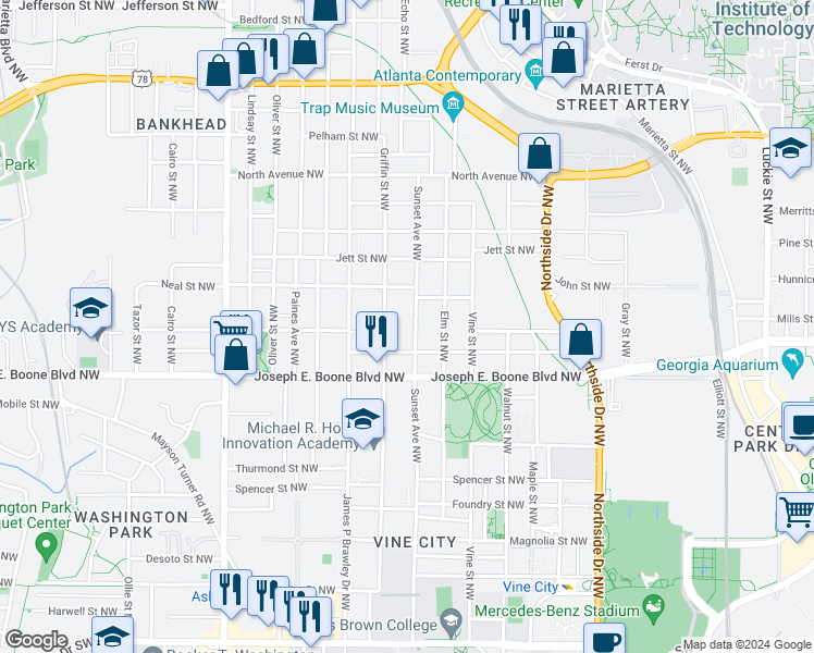 map of restaurants, bars, coffee shops, grocery stores, and more near 381 Griffin Street Northwest in Atlanta